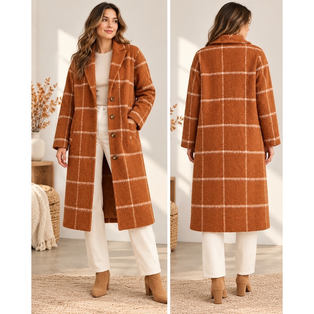 Old Navy Womens Long Windowpane Plaid Coat Rust Orange Boucle Overcoat Large
